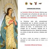 La Procesión de la Purísima se celebrará el próximo domingo 15 de diciembre a las 12:00 h.